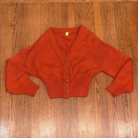 FARM Rio Sweaters - 🌞 Farm Rio Orange Chunky Bubble Knit Cardigan • Small • Gold Sun Buttons